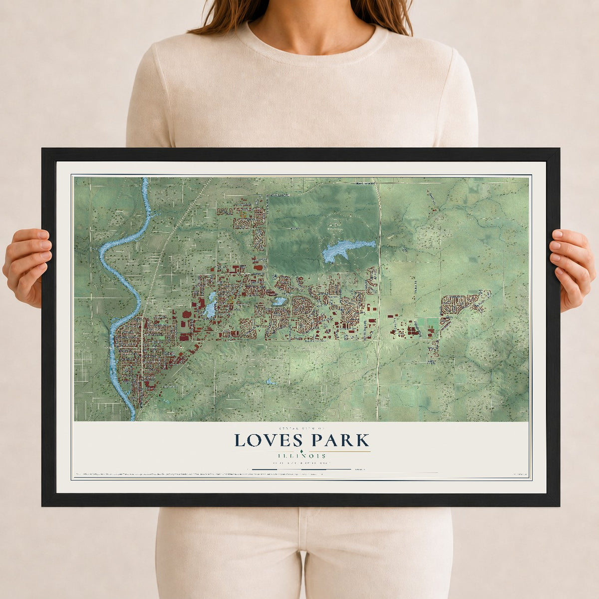 Map of Loves Park, Illinois, 12 x 18 inch print in a black wood frame