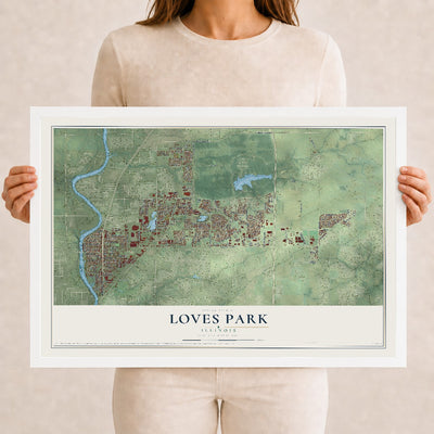 Map of Loves Park, Illinois, 12 x 18 inch print in a white wood frame