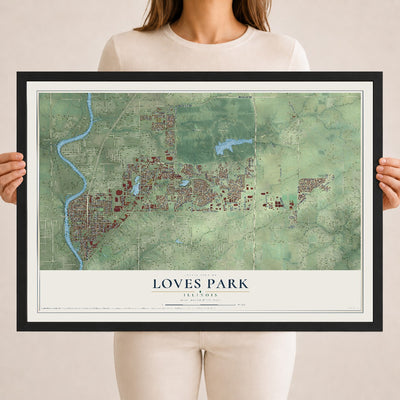 Map of Loves Park, Illinois, 18 x 24 inch print in a black wood frame