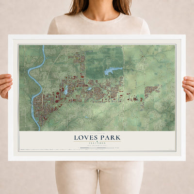 Map of Loves Park, Illinois, 18 x 24 inch print in a white wood frame