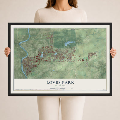 Map of Loves Park, Illinois, 24 x 36 inch print in a black wood frame