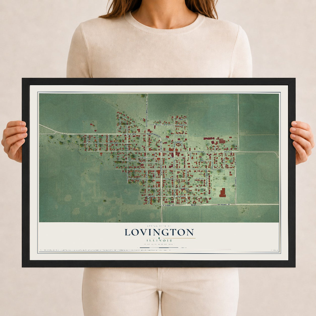 Map of Lovington, Illinois, 12 x 18 inch print in a black wood frame