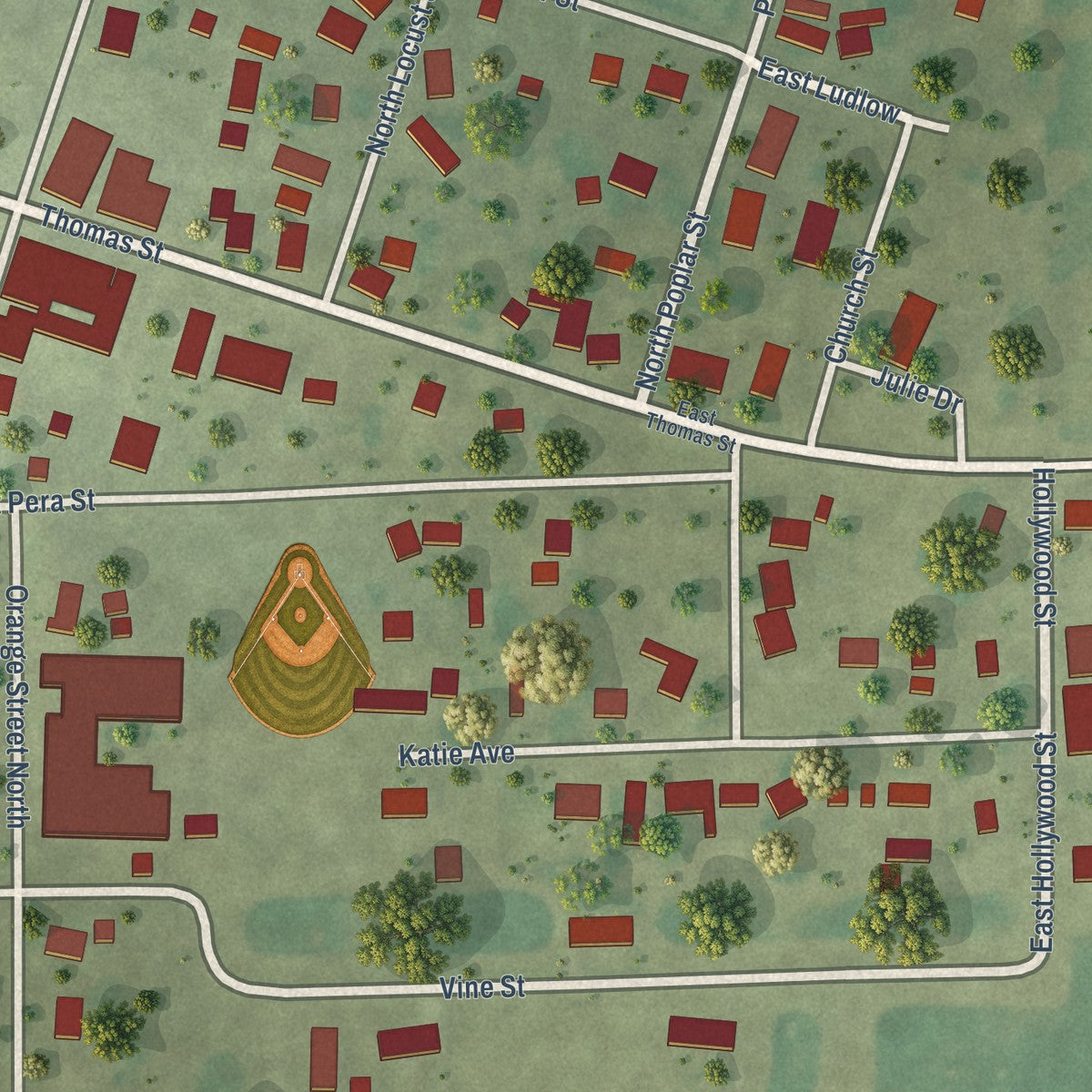Close-up of the map of Ludlow, Illinois print showing street and building detail