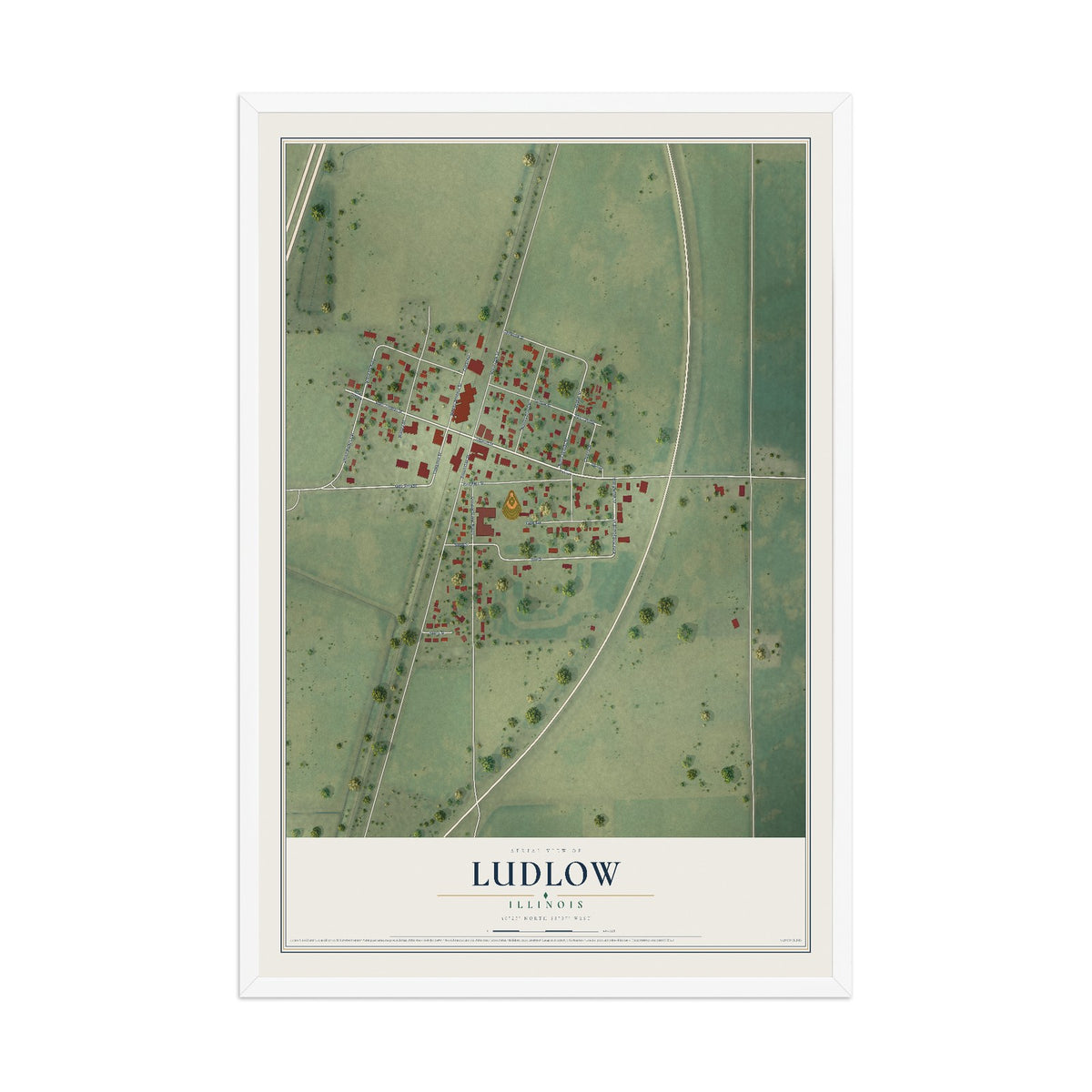 Map of Ludlow, Illinois, 12 x 18 inch print in a white wood frame