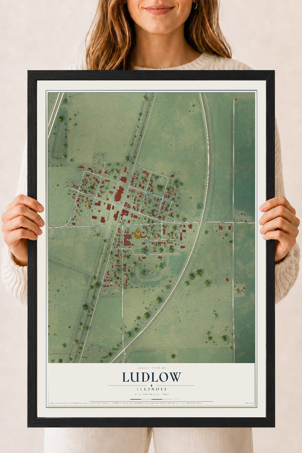Map of Ludlow, Illinois, 18 x 24 inch print in a black wood frame