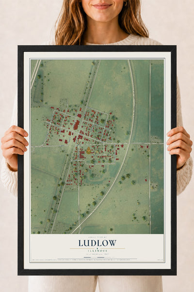Map of Ludlow, Illinois, 18 x 24 inch print in a black wood frame