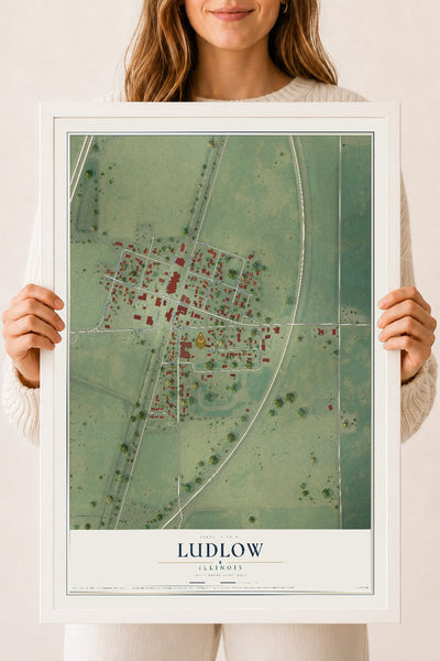 Map of Ludlow, Illinois, 18 x 24 inch print in a white wood frame