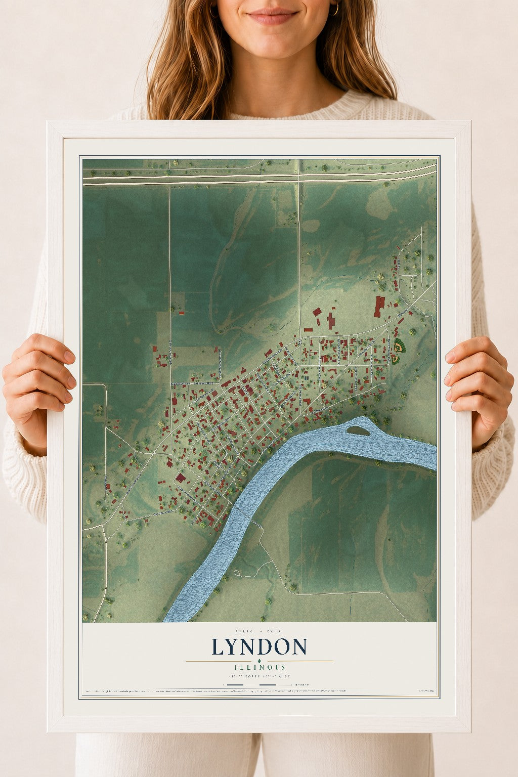 Map of Lyndon, Illinois, 18 x 24 inch print in a white wood frame