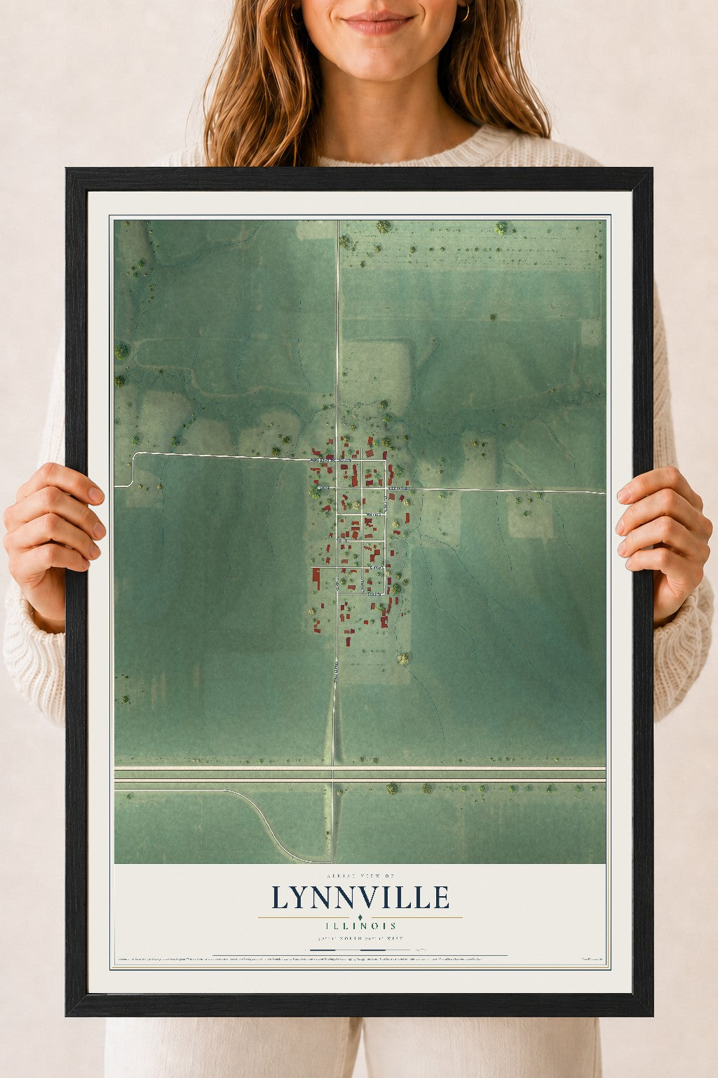 Map of Lynnville, Illinois, 18 x 24 inch print in a black wood frame