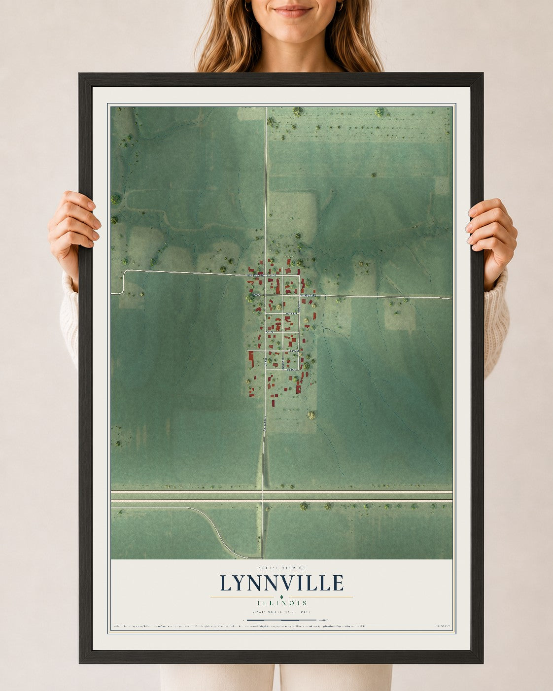 Map of Lynnville, Illinois, 24 x 36 inch print in a black wood frame