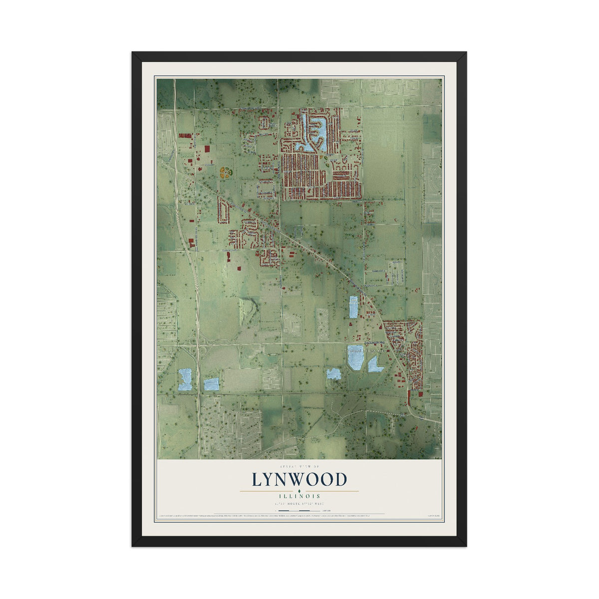 Map of Lynwood, Illinois, 12 x 18 inch print in a black wood frame
