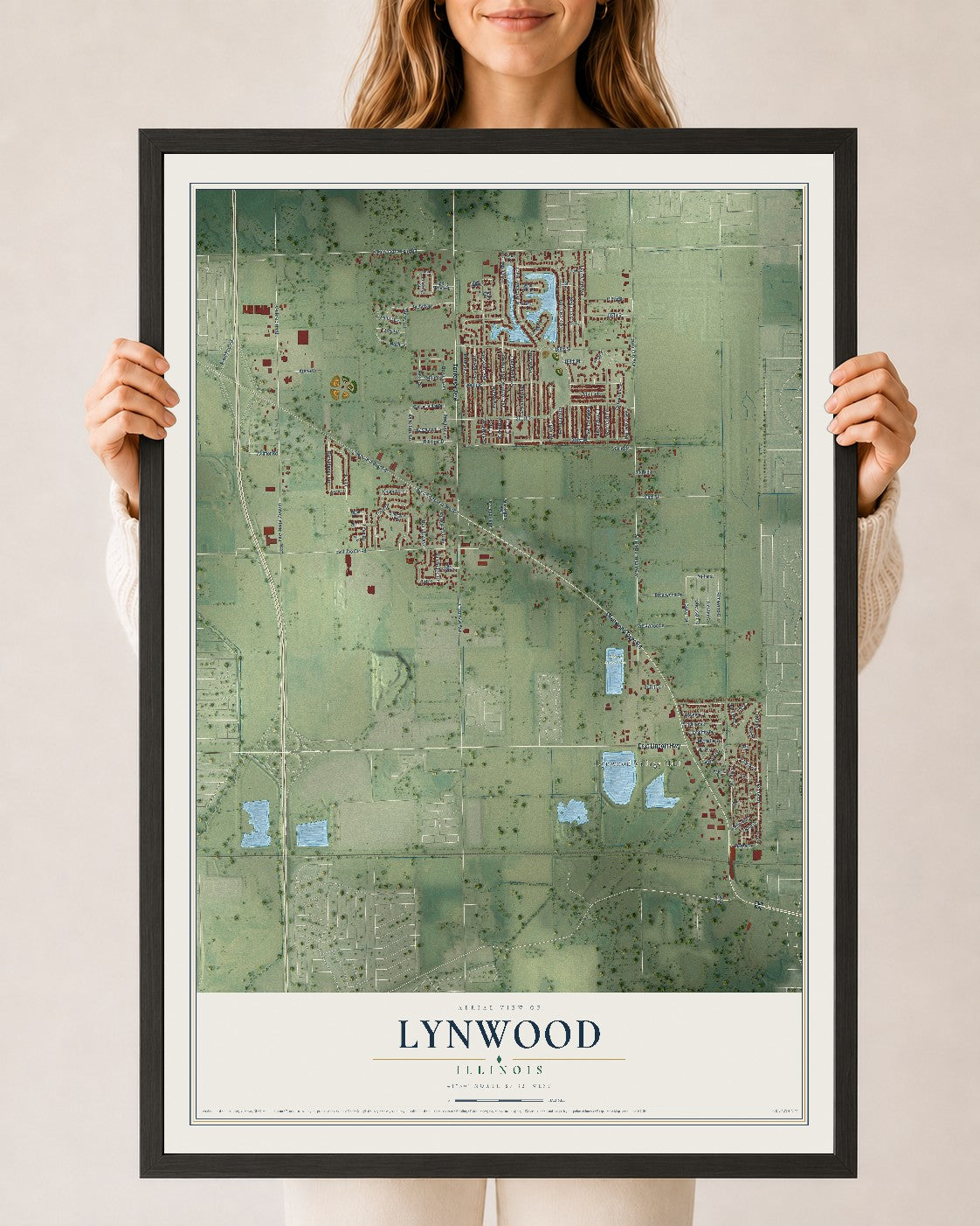 Map of Lynwood, Illinois, 24 x 36 inch print in a black wood frame
