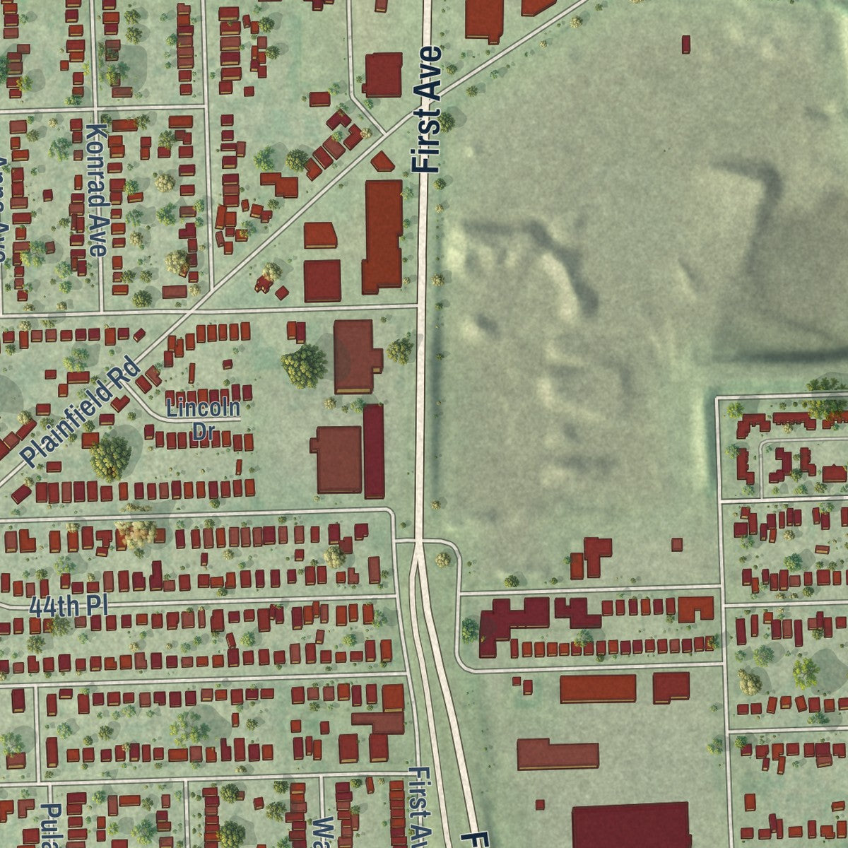 Second close-up of the map of Lyons, Illinois print showing more streets and buildings