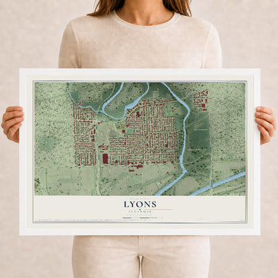 Map of Lyons, Illinois, 12 x 18 inch print in a white wood frame