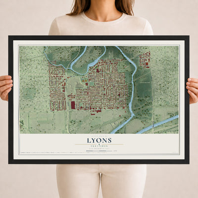 Map of Lyons, Illinois, 18 x 24 inch print in a black wood frame