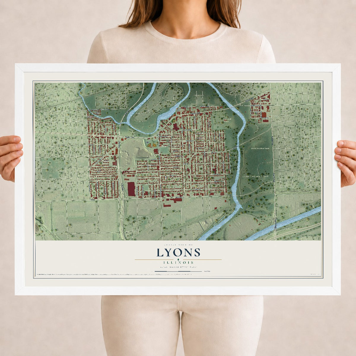 Map of Lyons, Illinois, 18 x 24 inch print in a white wood frame
