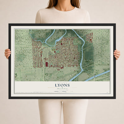 Map of Lyons, Illinois, 24 x 36 inch print in a black wood frame