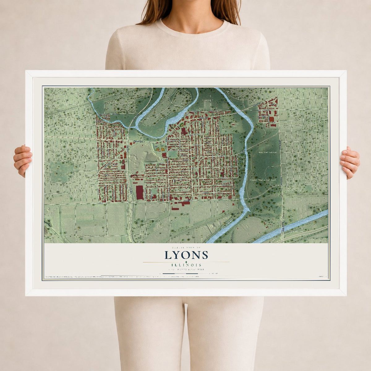 Map of Lyons, Illinois, 24 x 36 inch print in a white wood frame