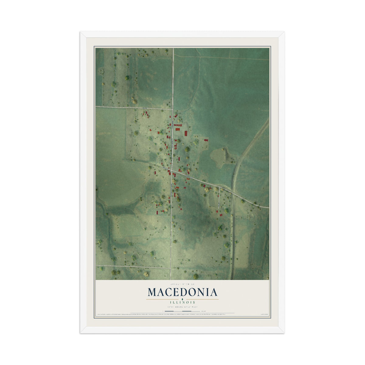 Map of Macedonia, Illinois, 12 x 18 inch print in a white wood frame