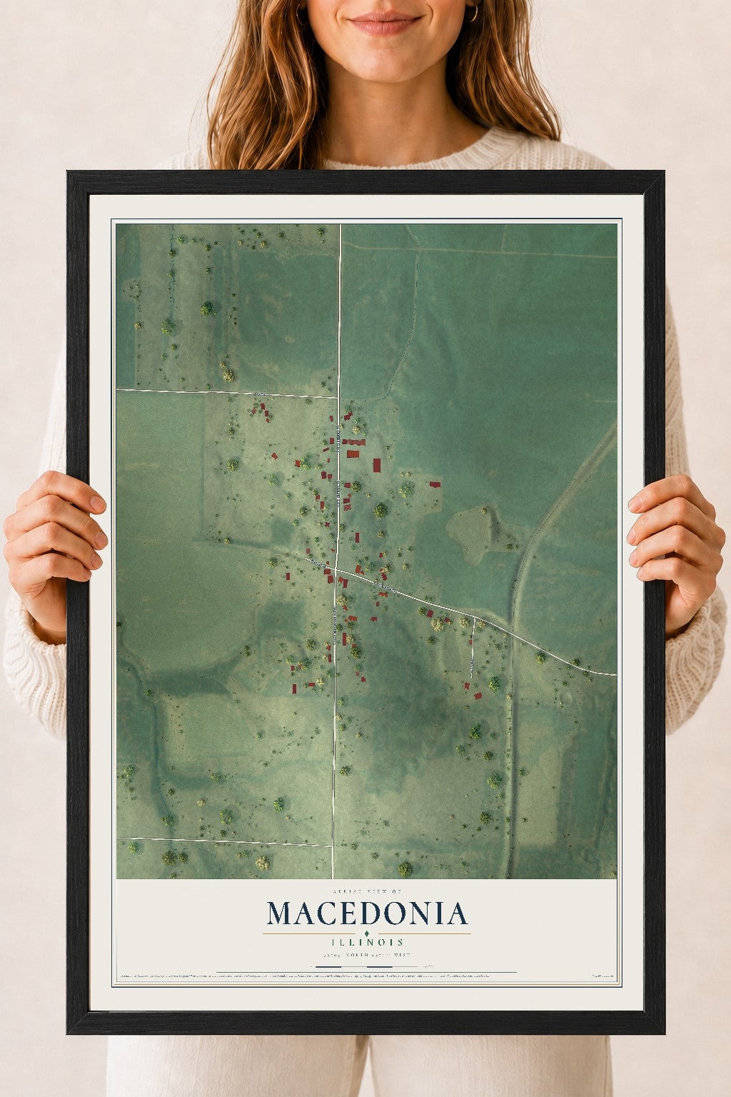Map of Macedonia, Illinois, 18 x 24 inch print in a black wood frame
