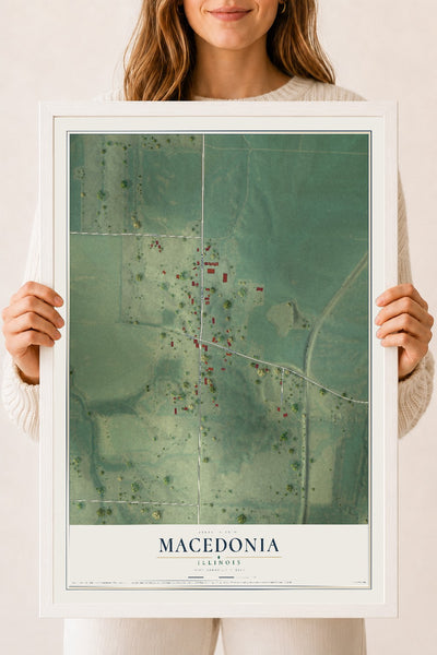 Map of Macedonia, Illinois, 18 x 24 inch print in a white wood frame