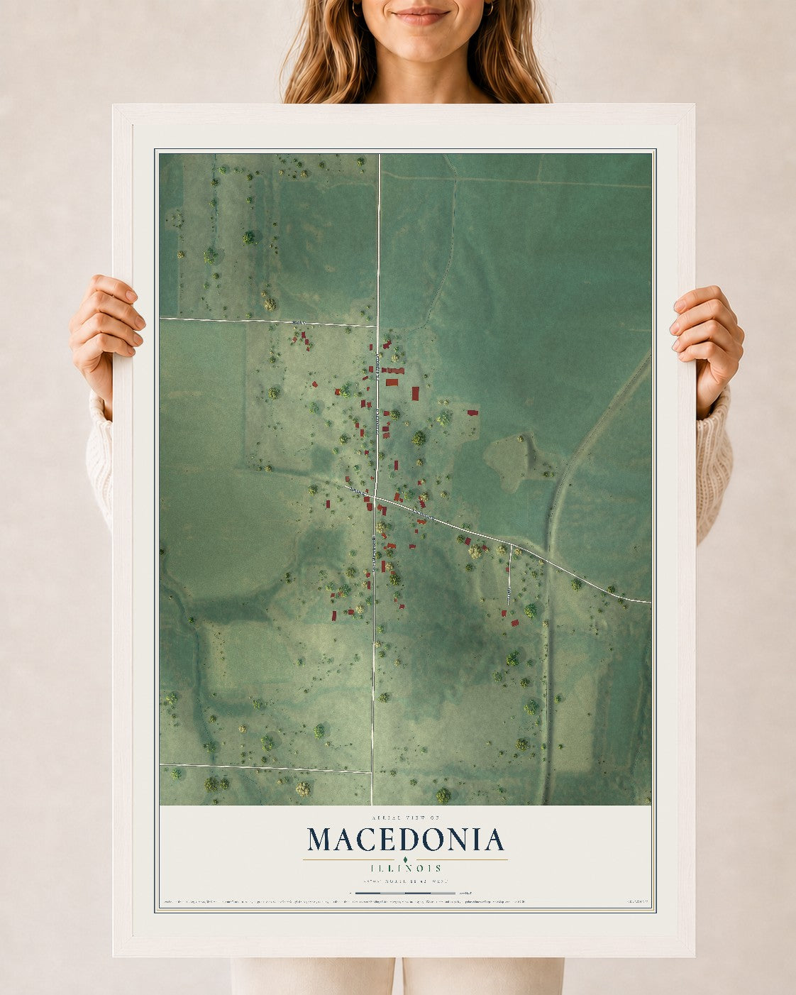 Map of Macedonia, Illinois, 24 x 36 inch print in a white wood frame
