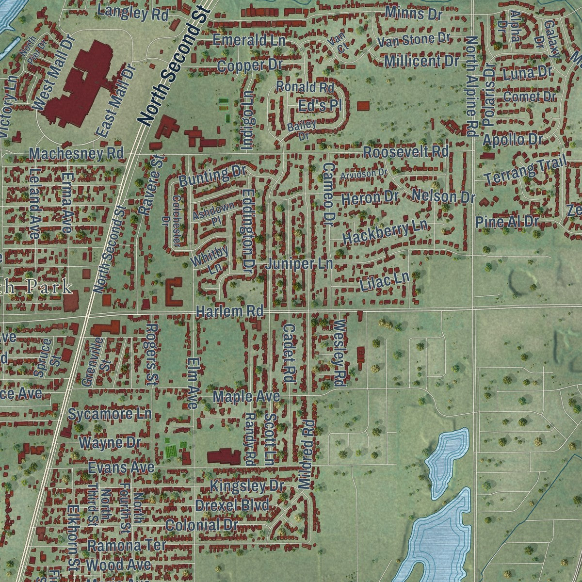 Close-up of the map of Machesney Park, Illinois print showing street and building detail