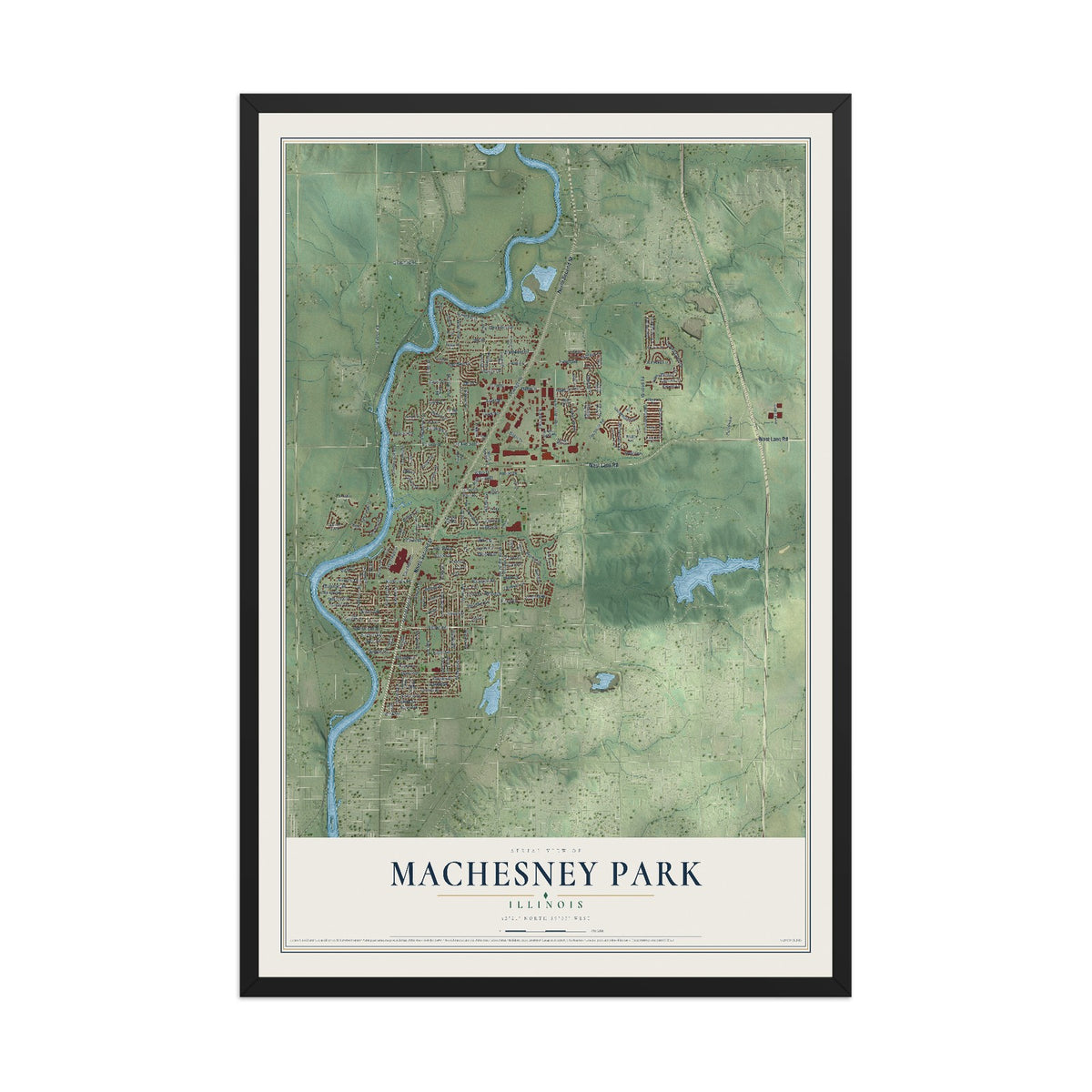 Map of Machesney Park, Illinois, 12 x 18 inch print in a black wood frame
