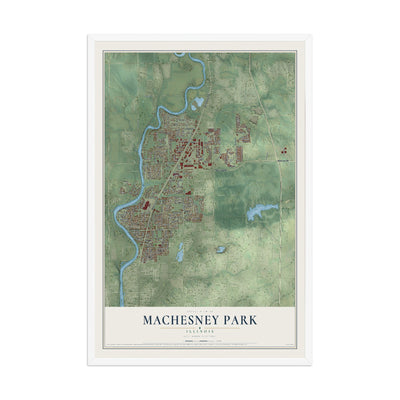 Map of Machesney Park, Illinois, 12 x 18 inch print in a white wood frame
