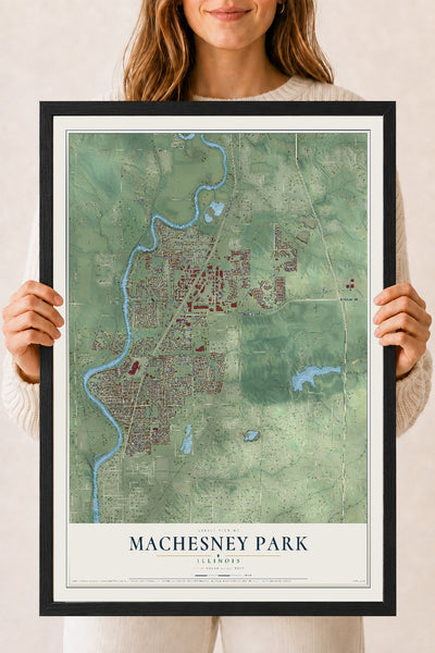 Map of Machesney Park, Illinois, 18 x 24 inch print in a black wood frame