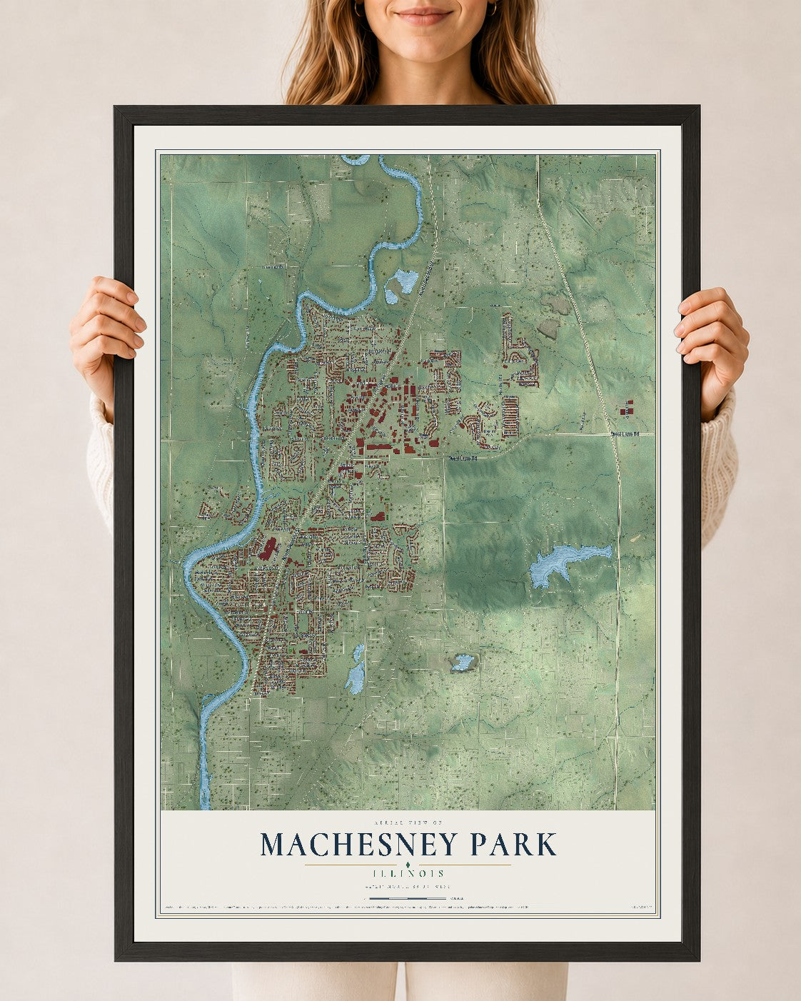 Map of Machesney Park, Illinois, 24 x 36 inch print in a black wood frame