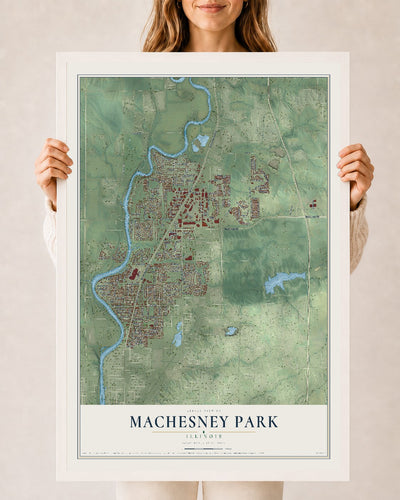 Map of Machesney Park, Illinois, 24 x 36 inch print in a white wood frame