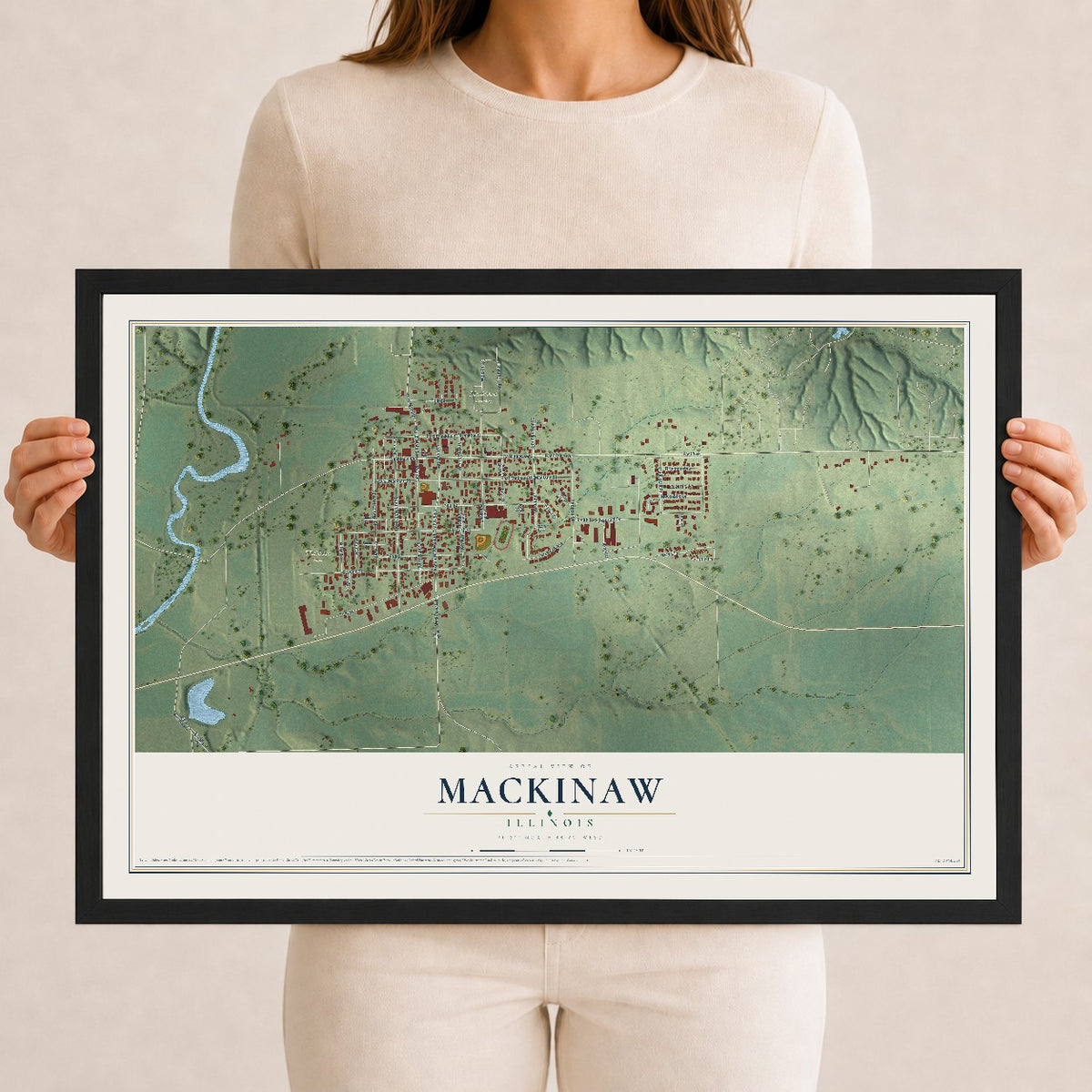 Map of Mackinaw, Illinois, 12 x 18 inch print in a black wood frame