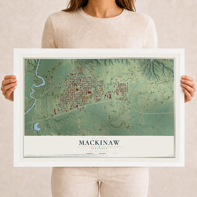 Map of Mackinaw, Illinois, 12 x 18 inch print in a white wood frame