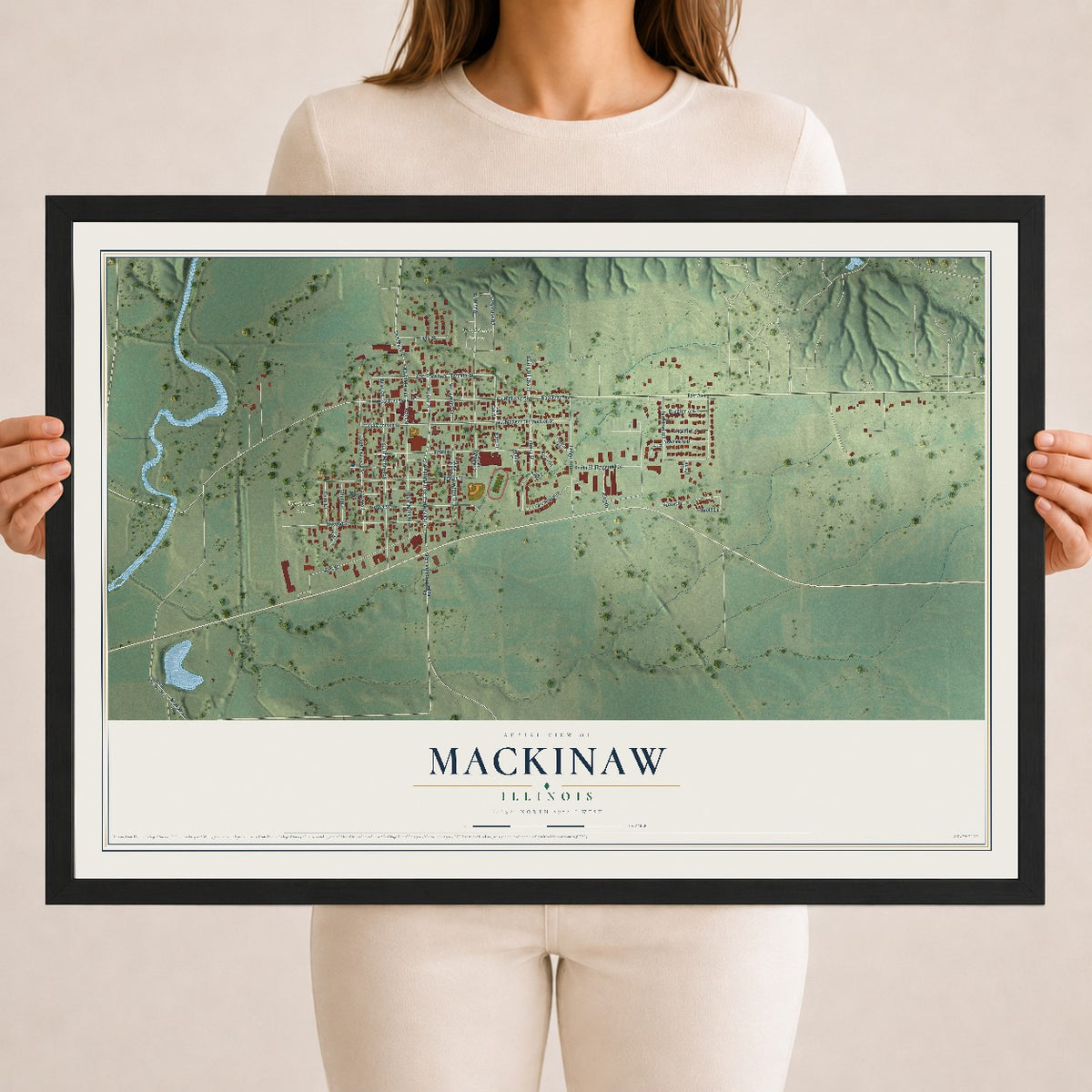 Map of Mackinaw, Illinois, 18 x 24 inch print in a black wood frame