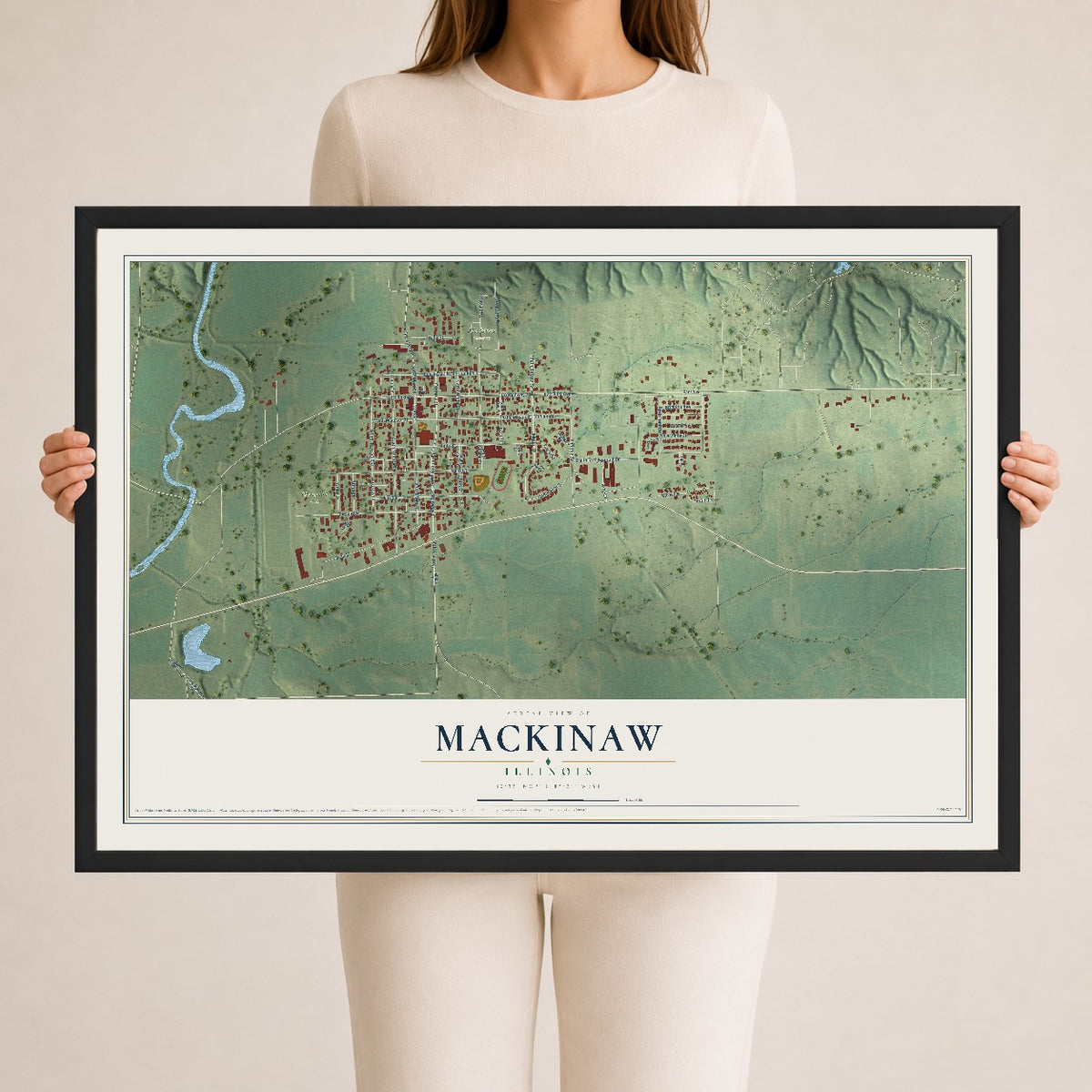Map of Mackinaw, Illinois, 24 x 36 inch print in a black wood frame