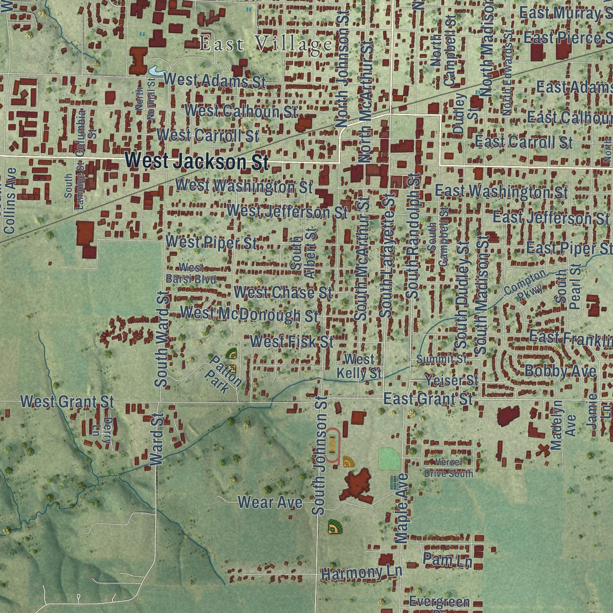 Close-up of the map of Macomb, Illinois print showing street and building detail