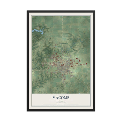 Map of Macomb, Illinois, 12 x 18 inch print in a black wood frame