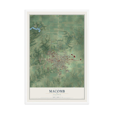 Map of Macomb, Illinois, 12 x 18 inch print in a white wood frame