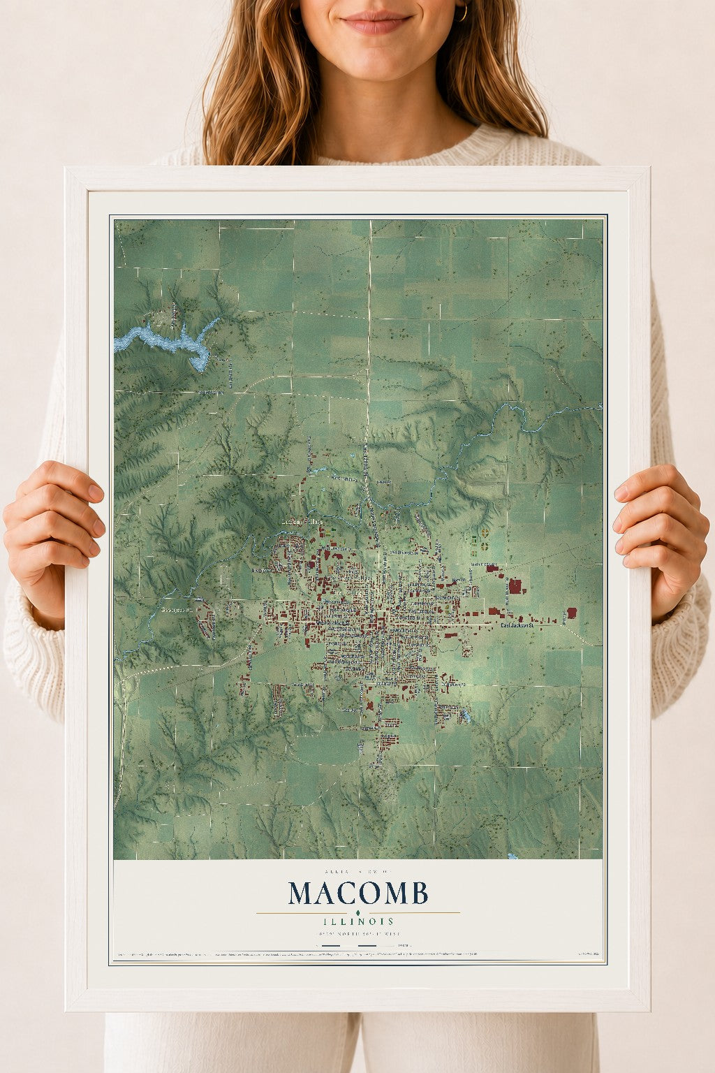 Map of Macomb, Illinois, 18 x 24 inch print in a white wood frame