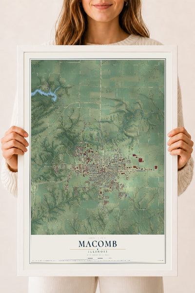 Map of Macomb, Illinois, 18 x 24 inch print in a white wood frame