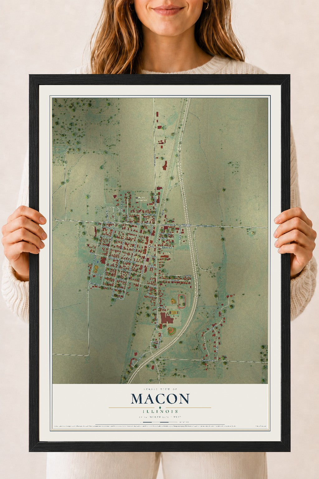 Map of Macon, Illinois, 18 x 24 inch print in a black wood frame