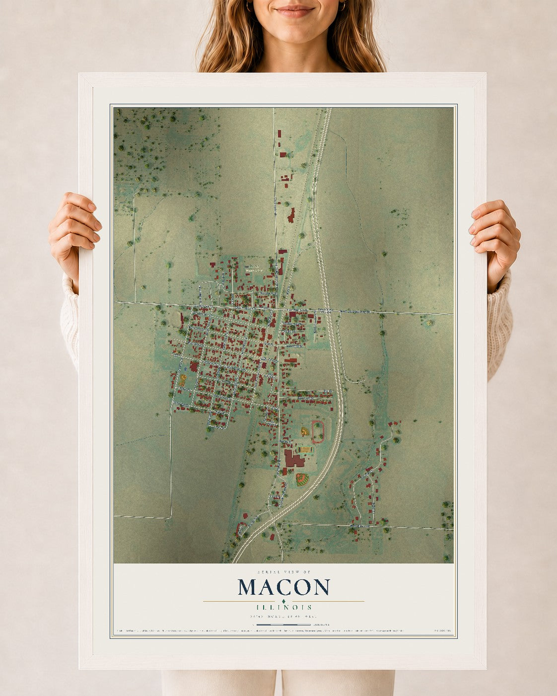 Map of Macon, Illinois, 24 x 36 inch print in a white wood frame