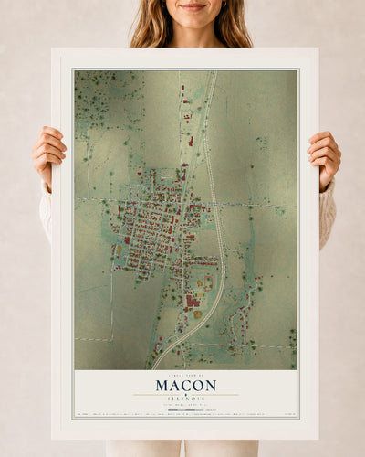 Map of Macon, Illinois, 24 x 36 inch print in a white wood frame
