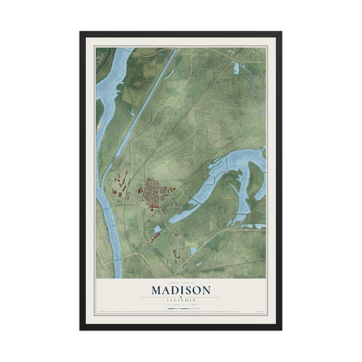 Map of Madison, Illinois, 12 x 18 inch print in a black wood frame