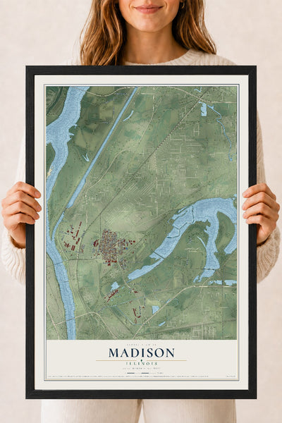 Map of Madison, Illinois, 18 x 24 inch print in a black wood frame