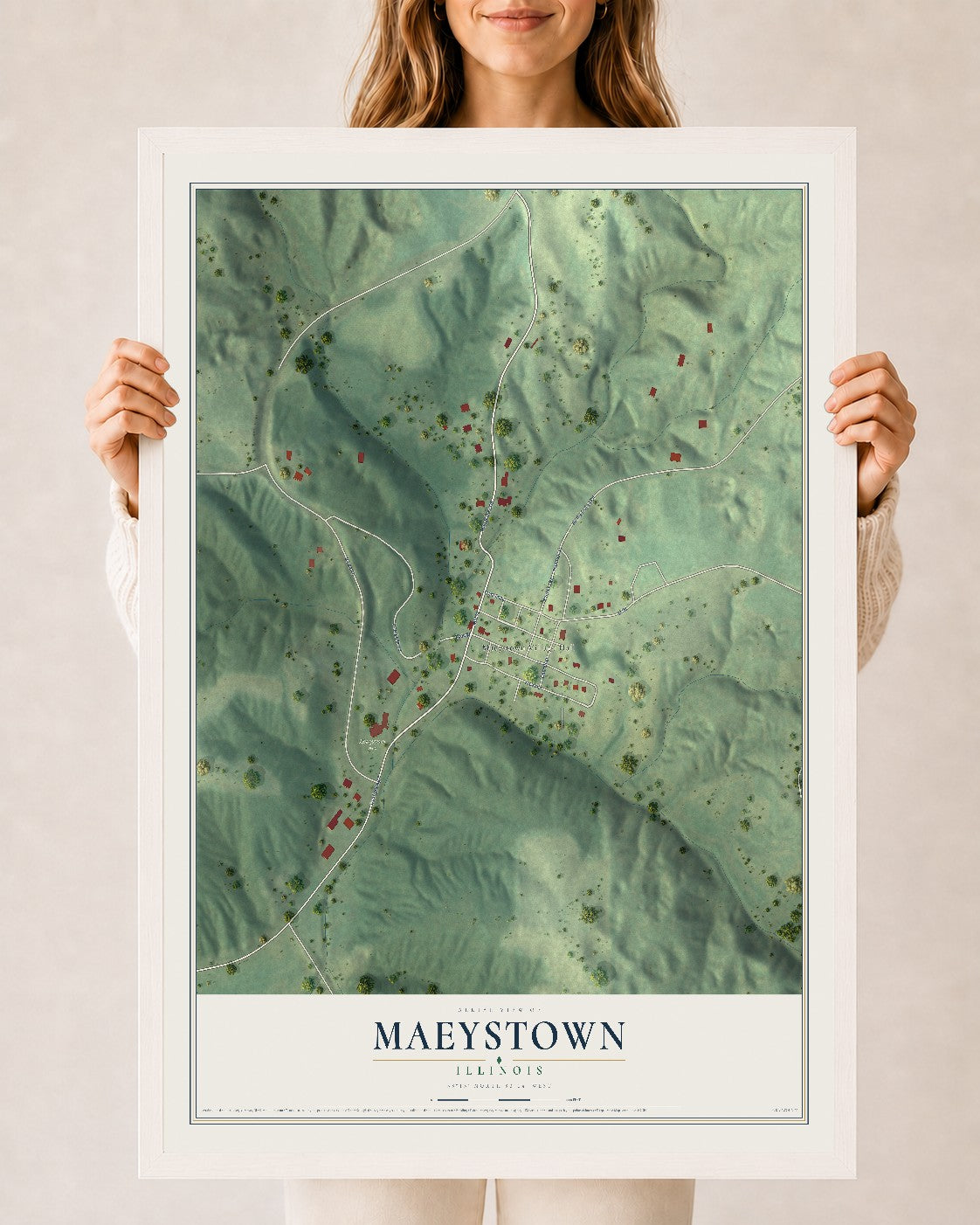 Map of Maeystown, Illinois, 24 x 36 inch print in a white wood frame