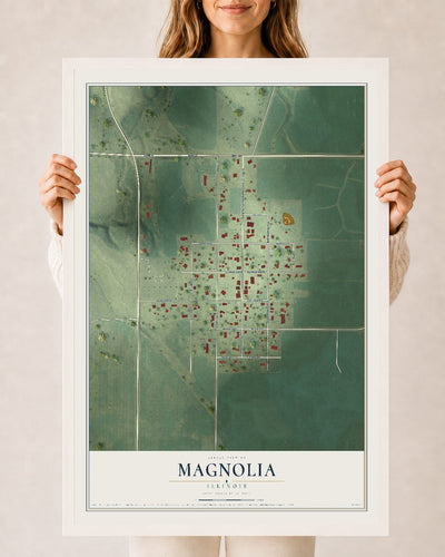 Map of Magnolia, Illinois, 24 x 36 inch print in a white wood frame