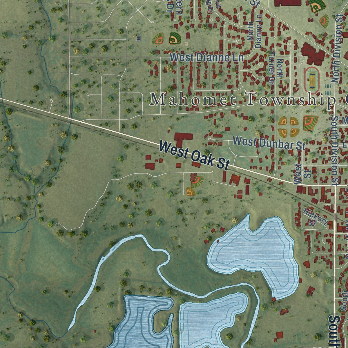 Second close-up of the map of Mahomet, Illinois print showing more streets and buildings