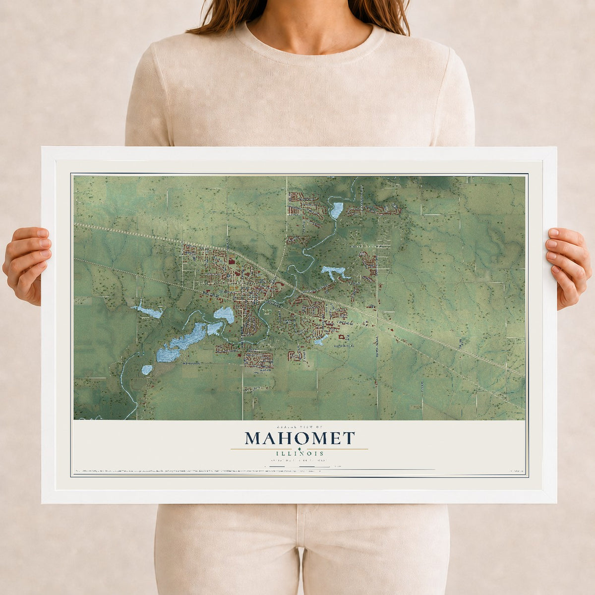 Map of Mahomet, Illinois, 12 x 18 inch print in a white wood frame